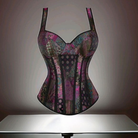 NWT Patchwork Multicolor Floral Jacquard Lace Up Corset SZ L - Picture 9 of 15